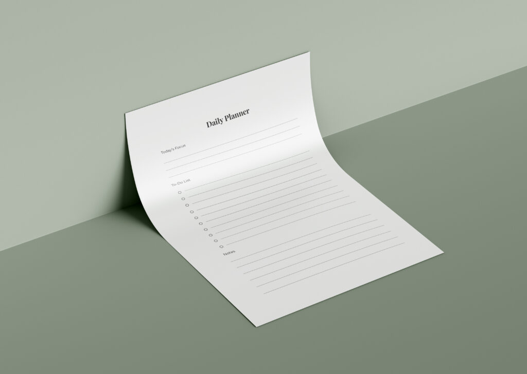 Minimalistische planner template mockup ontworpen in InDesign.