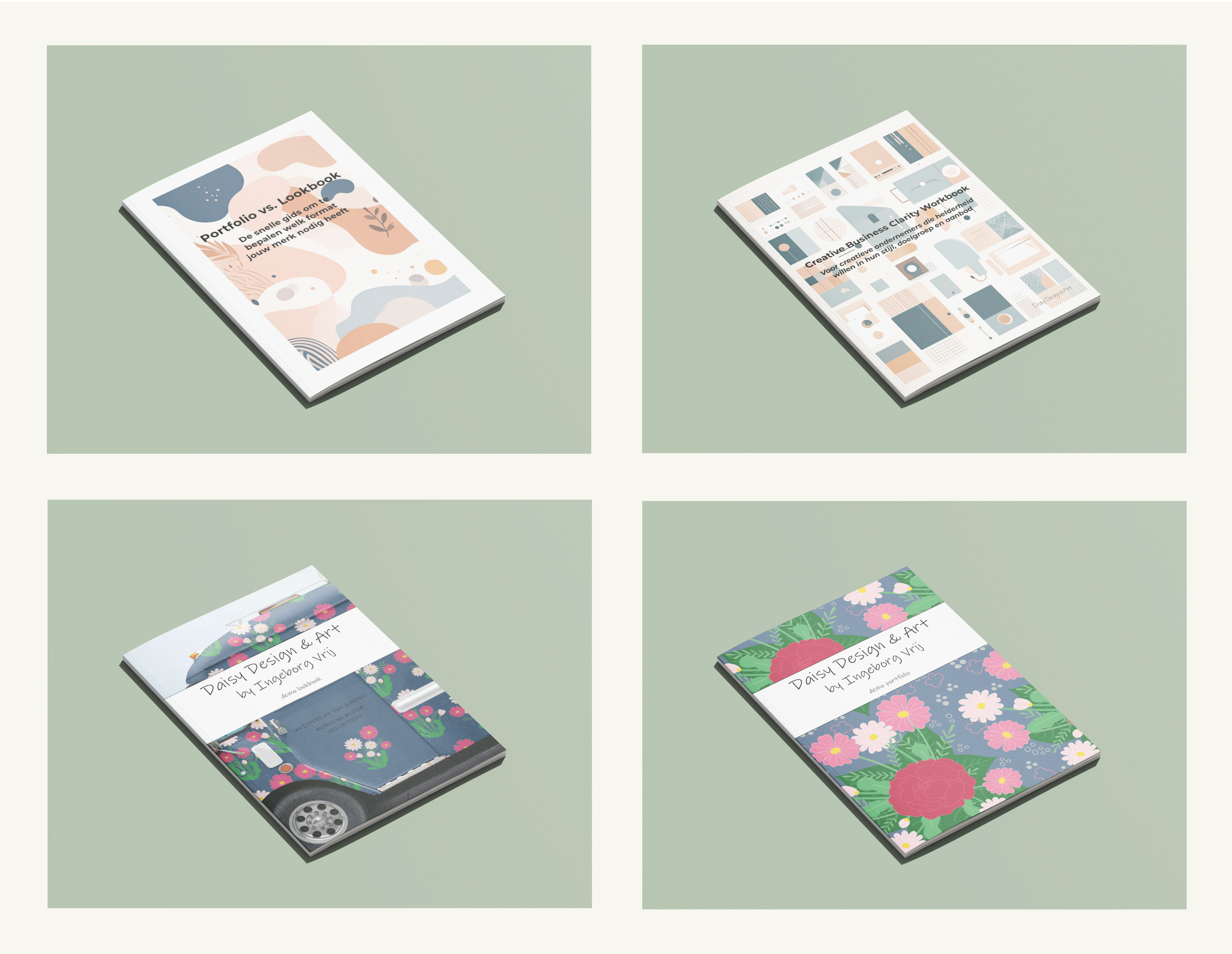 Collage showing workbook, portfolio, ebook and lookbook designs created in InDesign. 