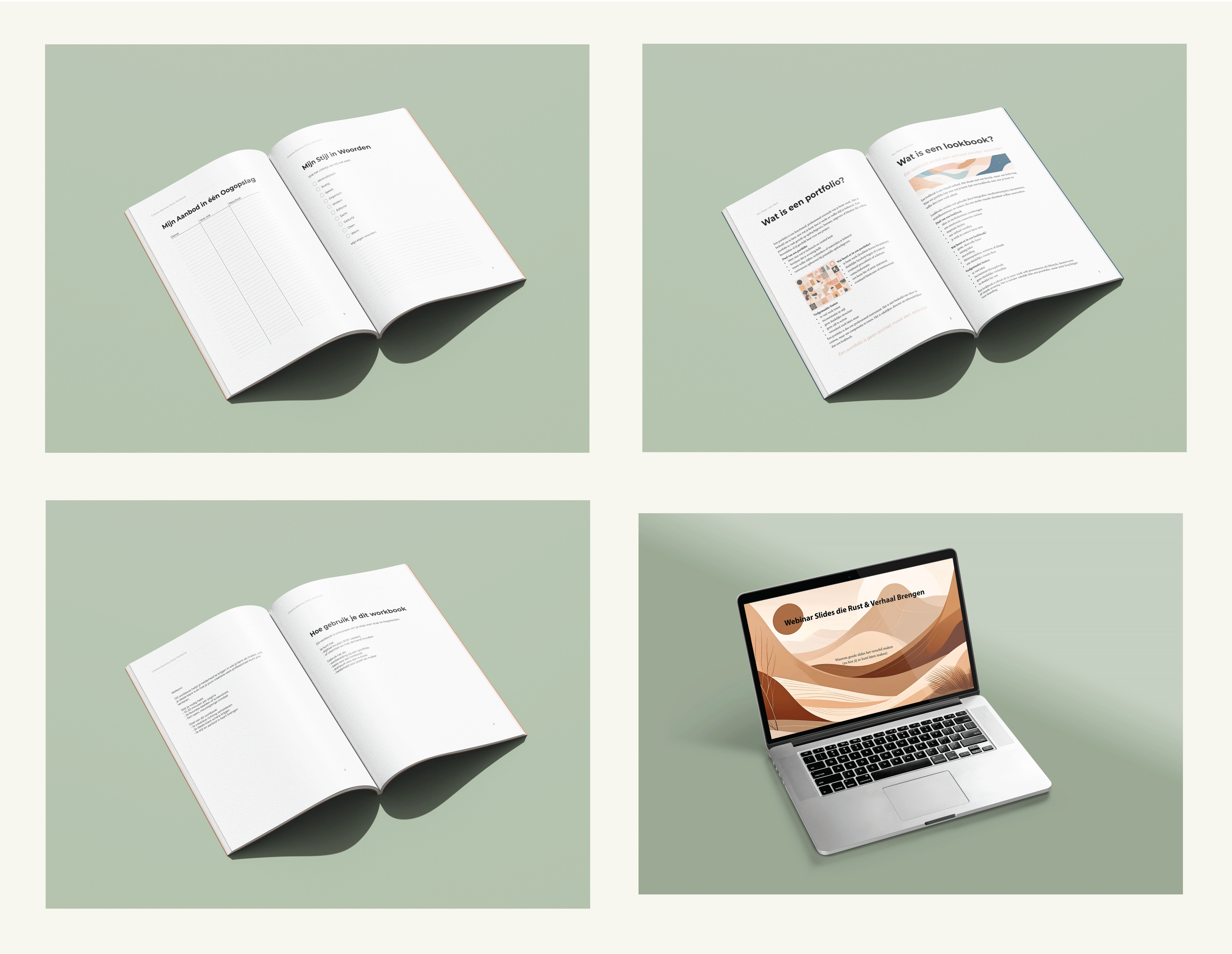 Collage of workbook, ebook, guide and slide designs created in InDesign.